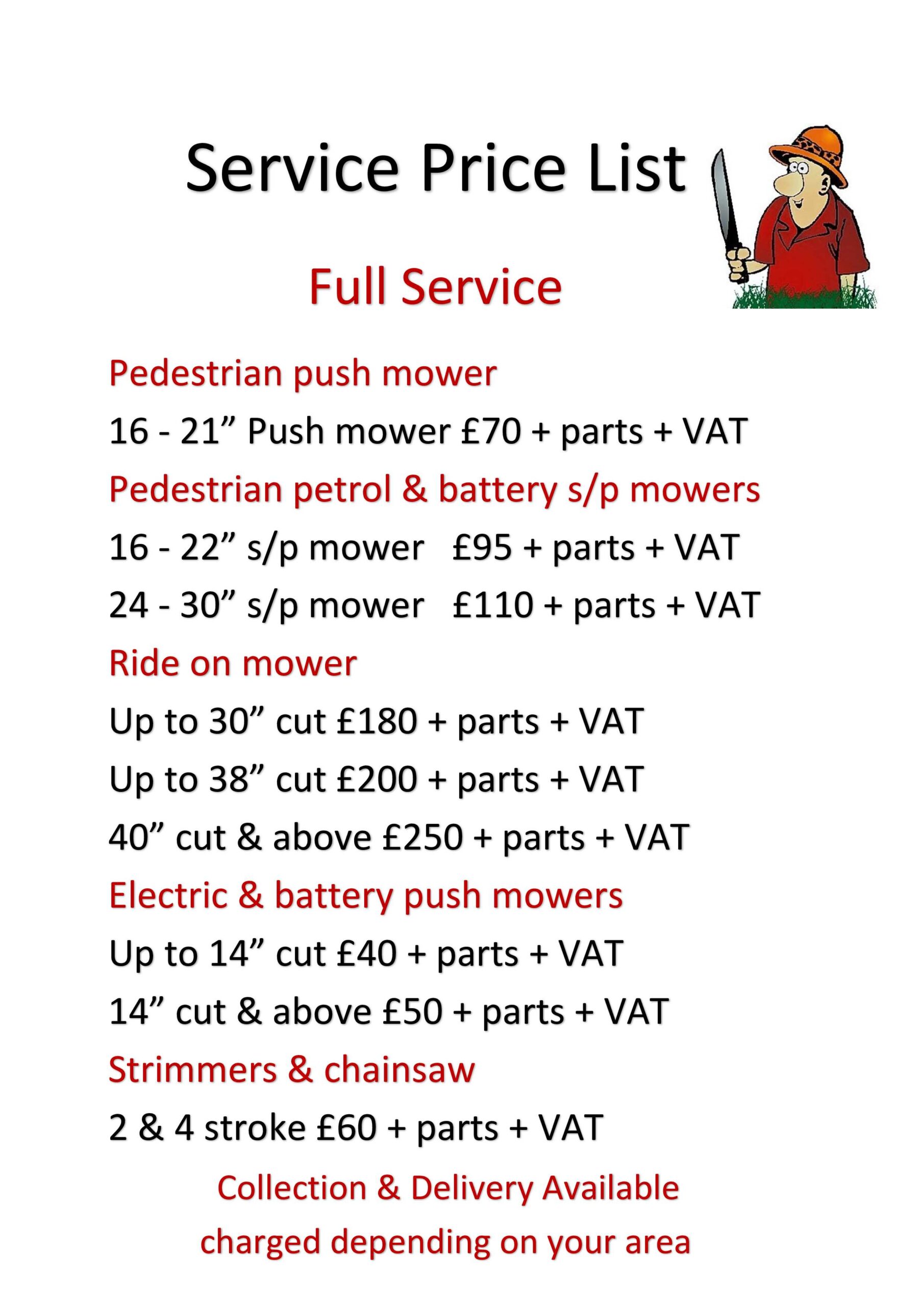 Service price list full service 2026