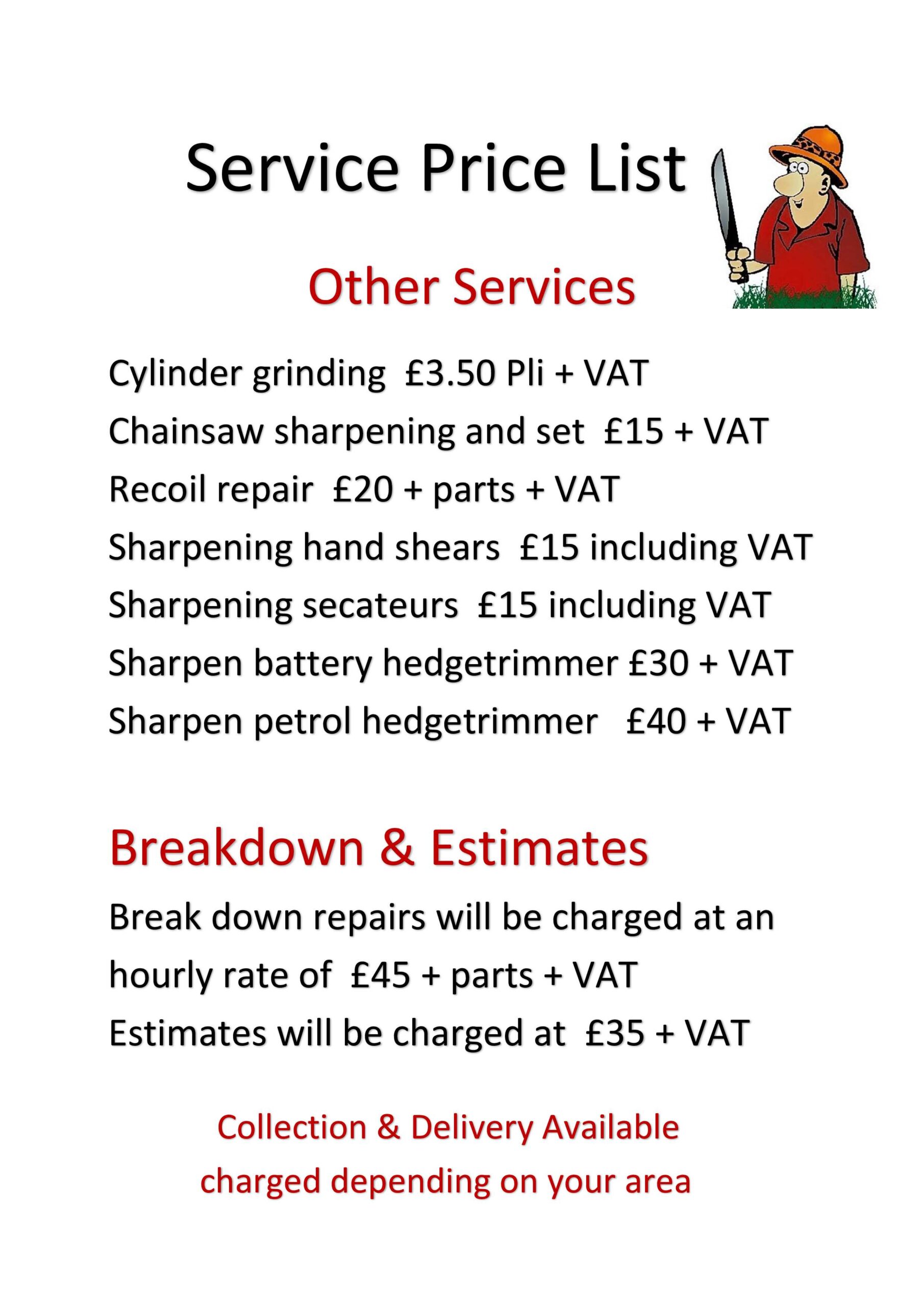 Service price list other services 2026